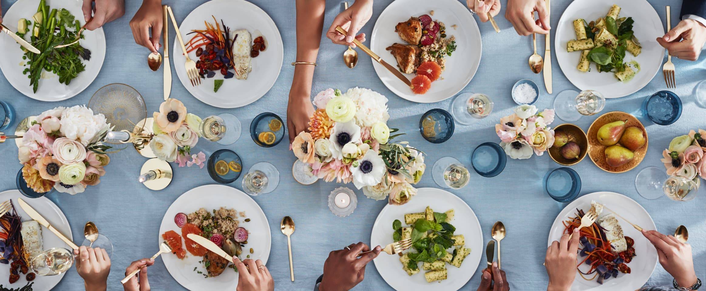 dining table with plates of food