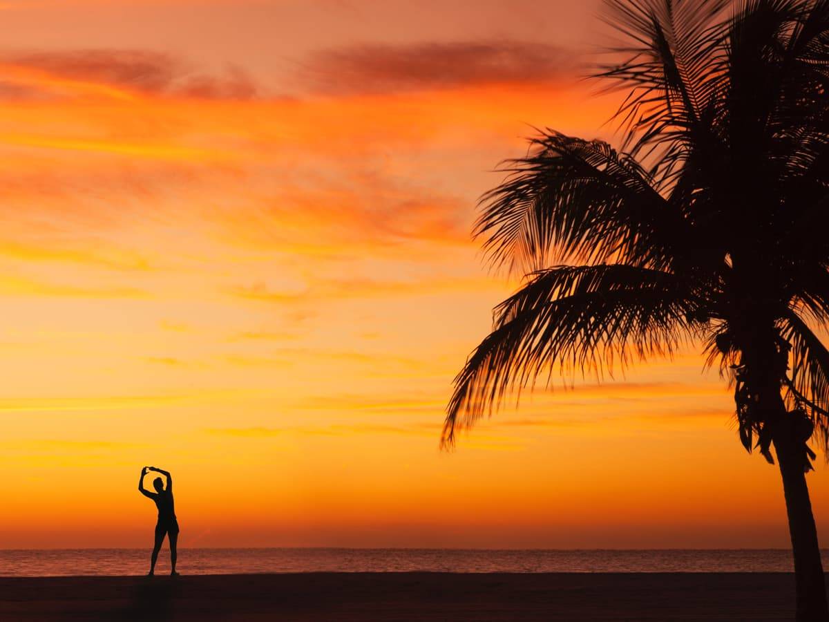 Stretching at sunset with palm tree